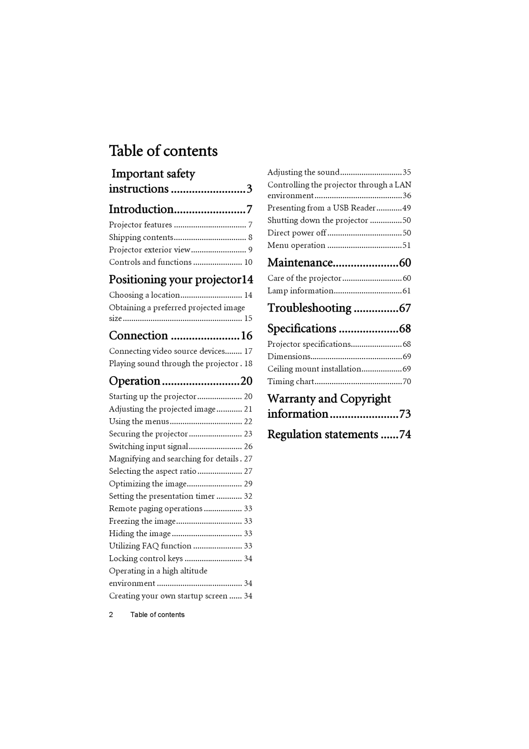 BenQ MX711, MX710 user manual Table of contents 