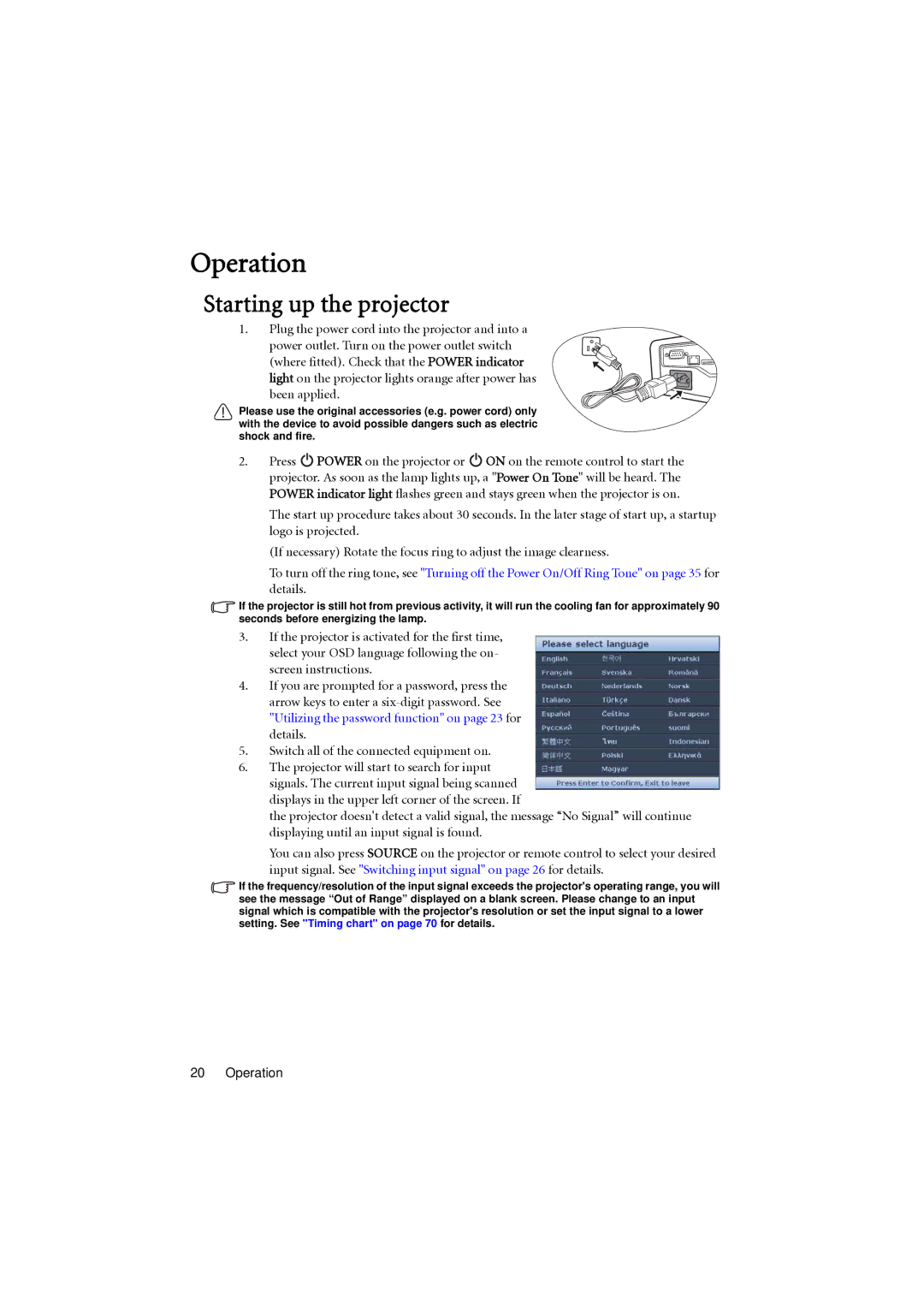 BenQ MX711, MX710 user manual Operation, Starting up the projector, Details 