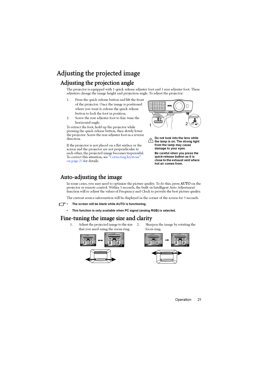 BenQ MX710, MX711 user manual Adjusting the projected image, Adjusting the projection angle, Auto-adjusting the image 