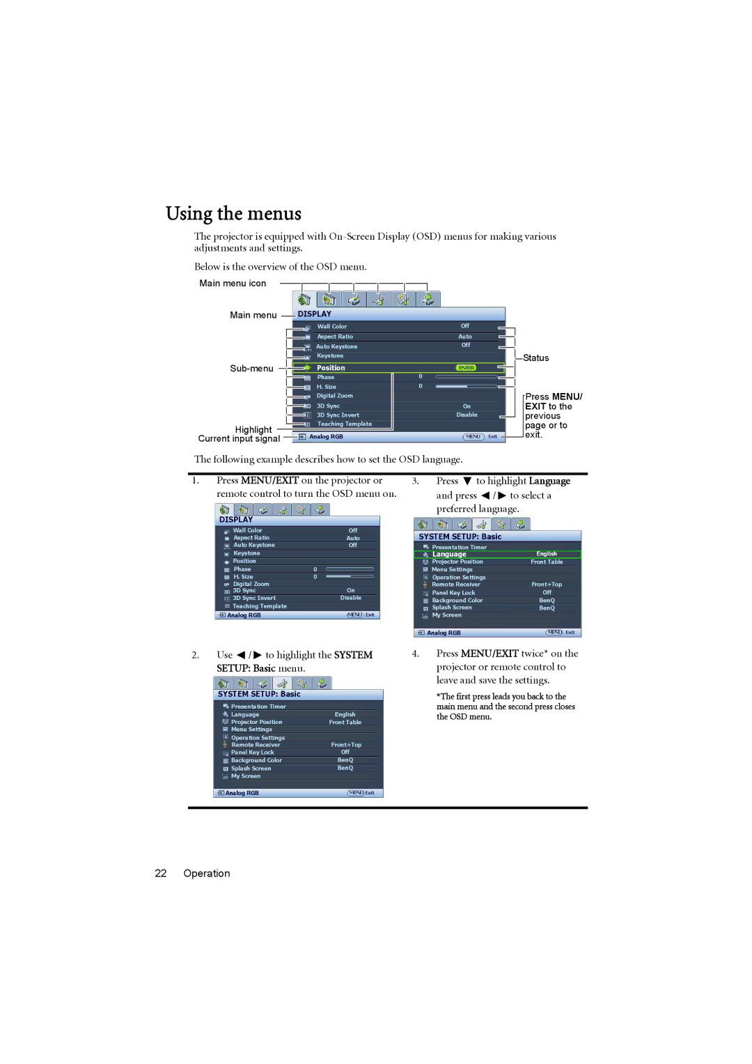 BenQ MX711, MX710 user manual Using the menus, Following example describes how to set the OSD language 