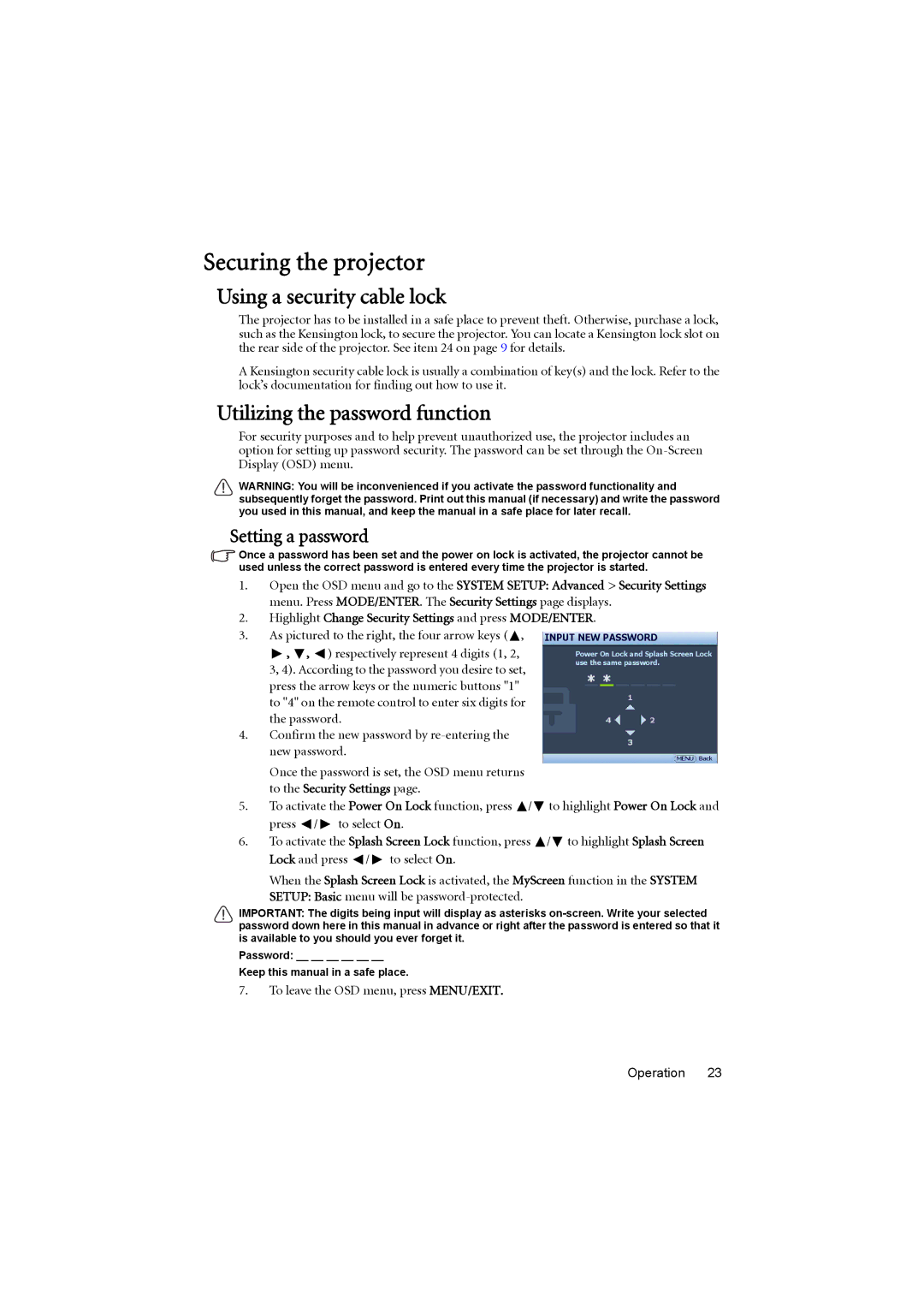 BenQ MX710, MX711 Securing the projector, Using a security cable lock, Utilizing the password function, Setting a password 