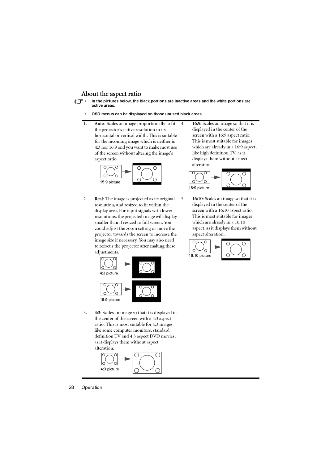 BenQ MX711, MX710 About the aspect ratio, Projectors native resolution in its Displayed in the center, Aspect alteration 