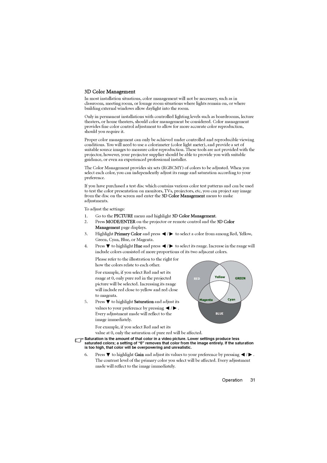 BenQ MX710, MX711 3D Color Management, Press To highlight Saturation and adjust its, Every adjustment made will reflect to 