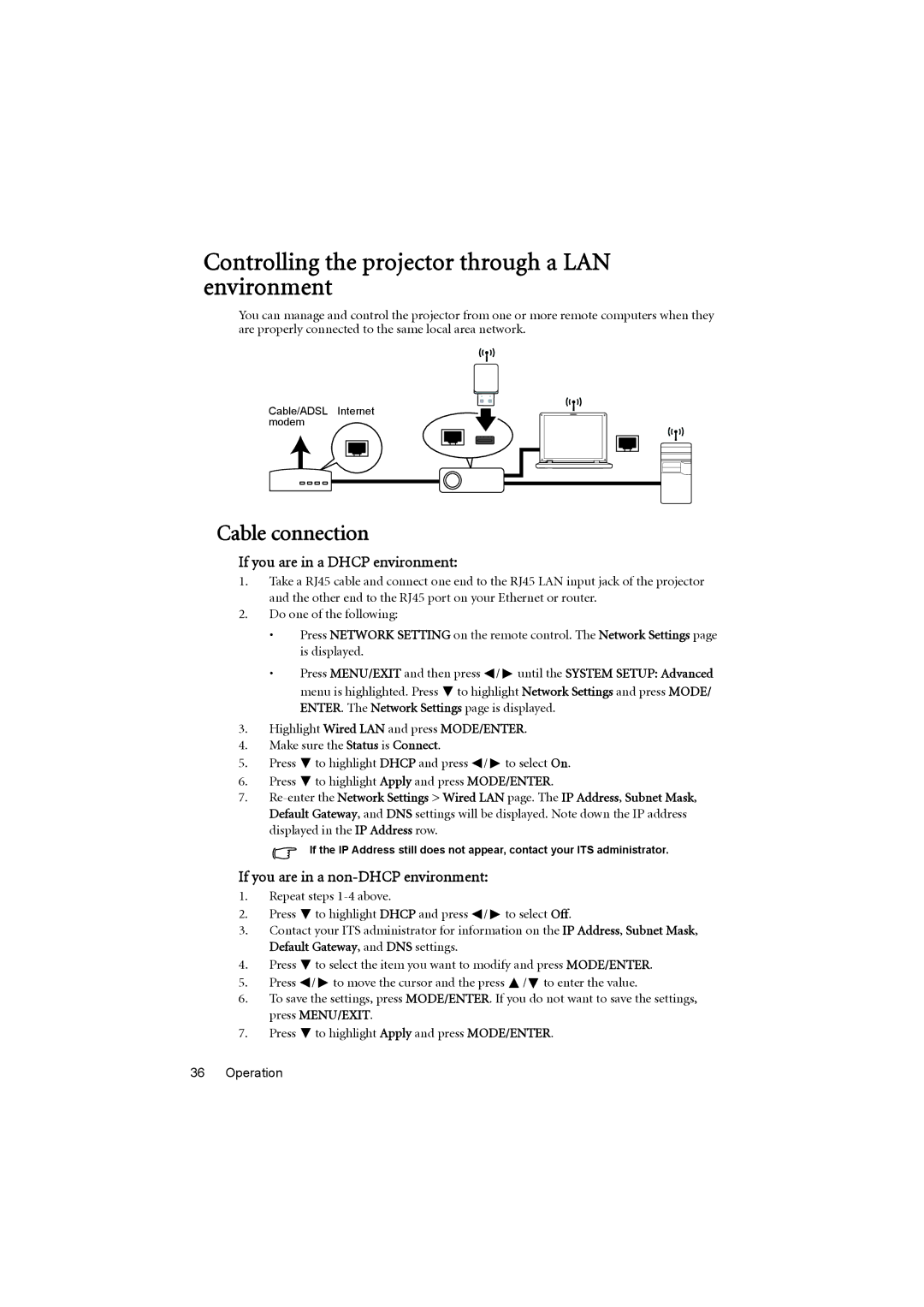 BenQ MX711, MX710 Controlling the projector through a LAN environment, Cable connection, If you are in a Dhcp environment 