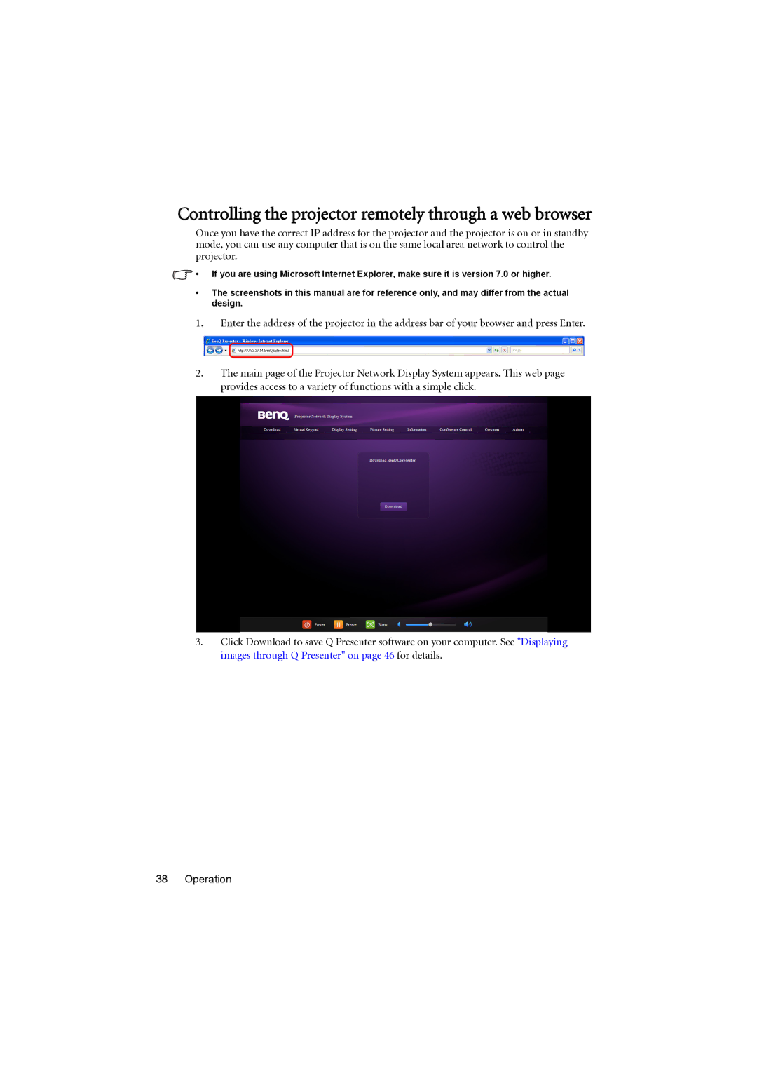 BenQ MX711, MX710 user manual Controlling the projector remotely through a web browser 