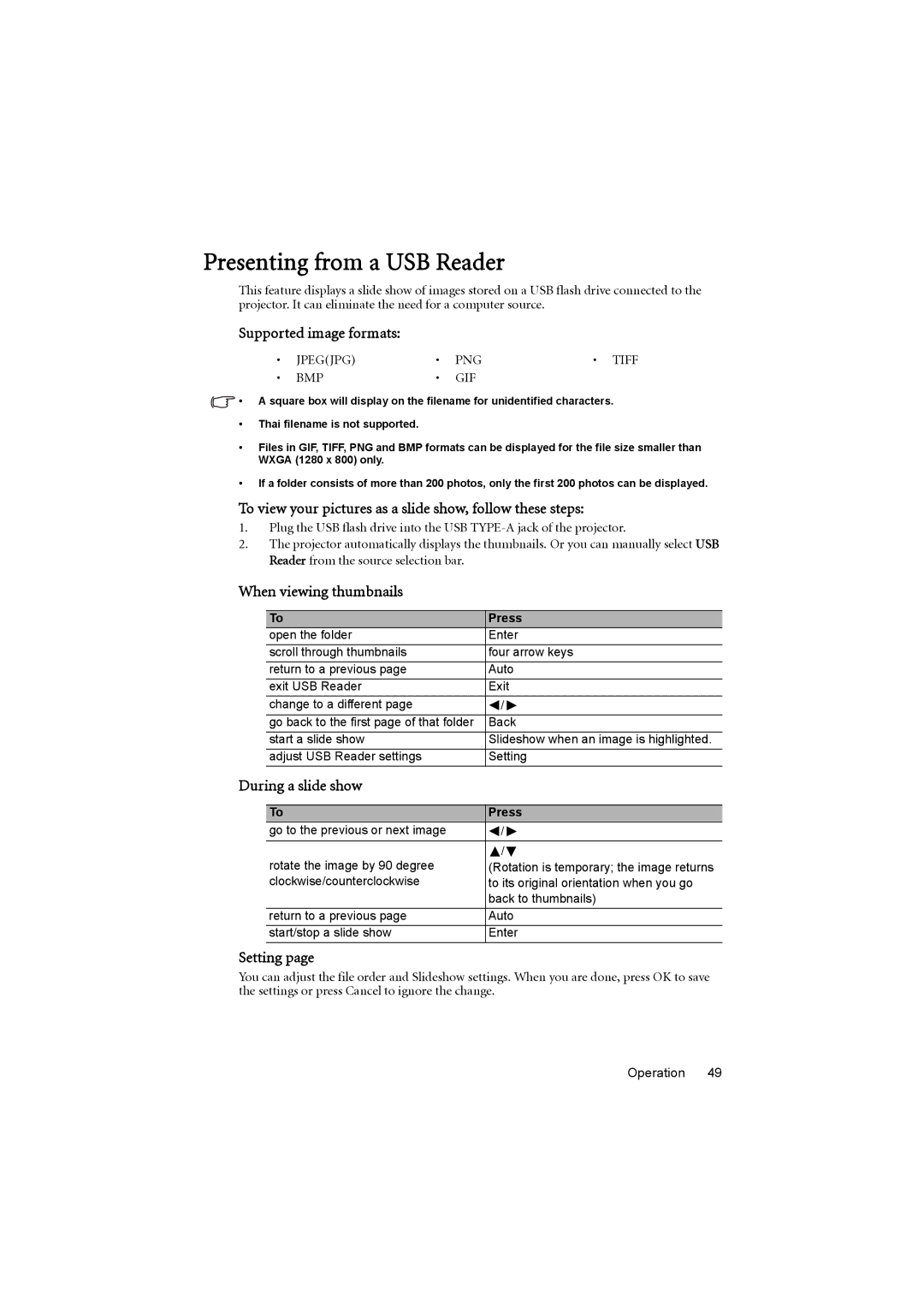 BenQ MX710, MX711 user manual Presenting from a USB Reader 