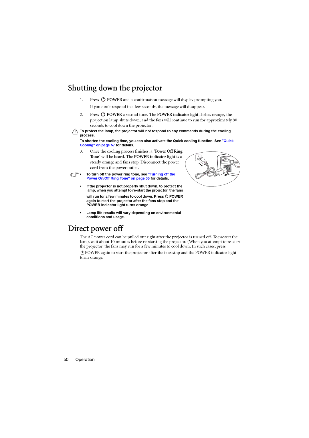 BenQ MX711, MX710 Shutting down the projector, Direct power off, Once the cooling process finishes, a Power Off Ring 