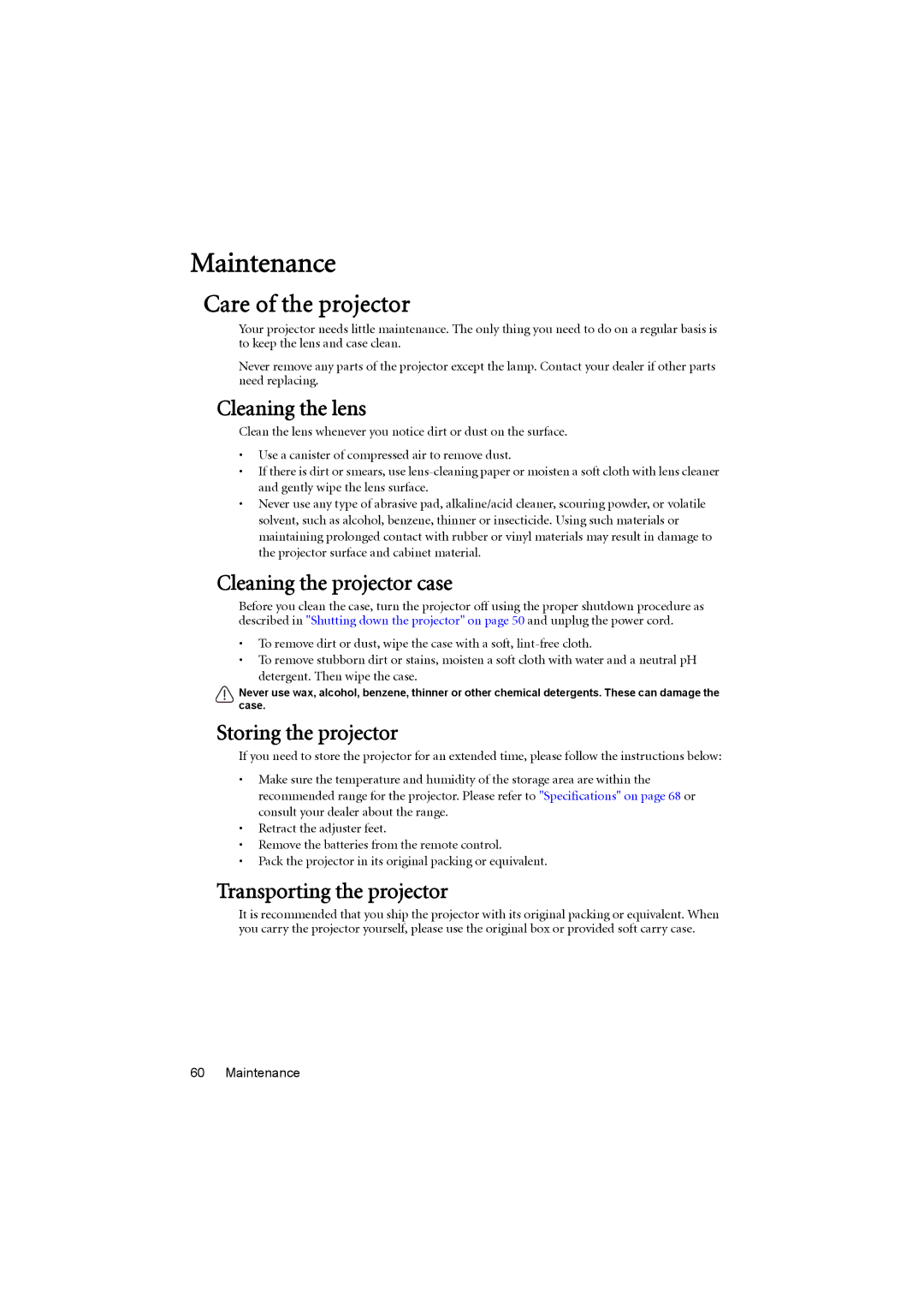 BenQ MX711, MX710 user manual Maintenance, Care of the projector 