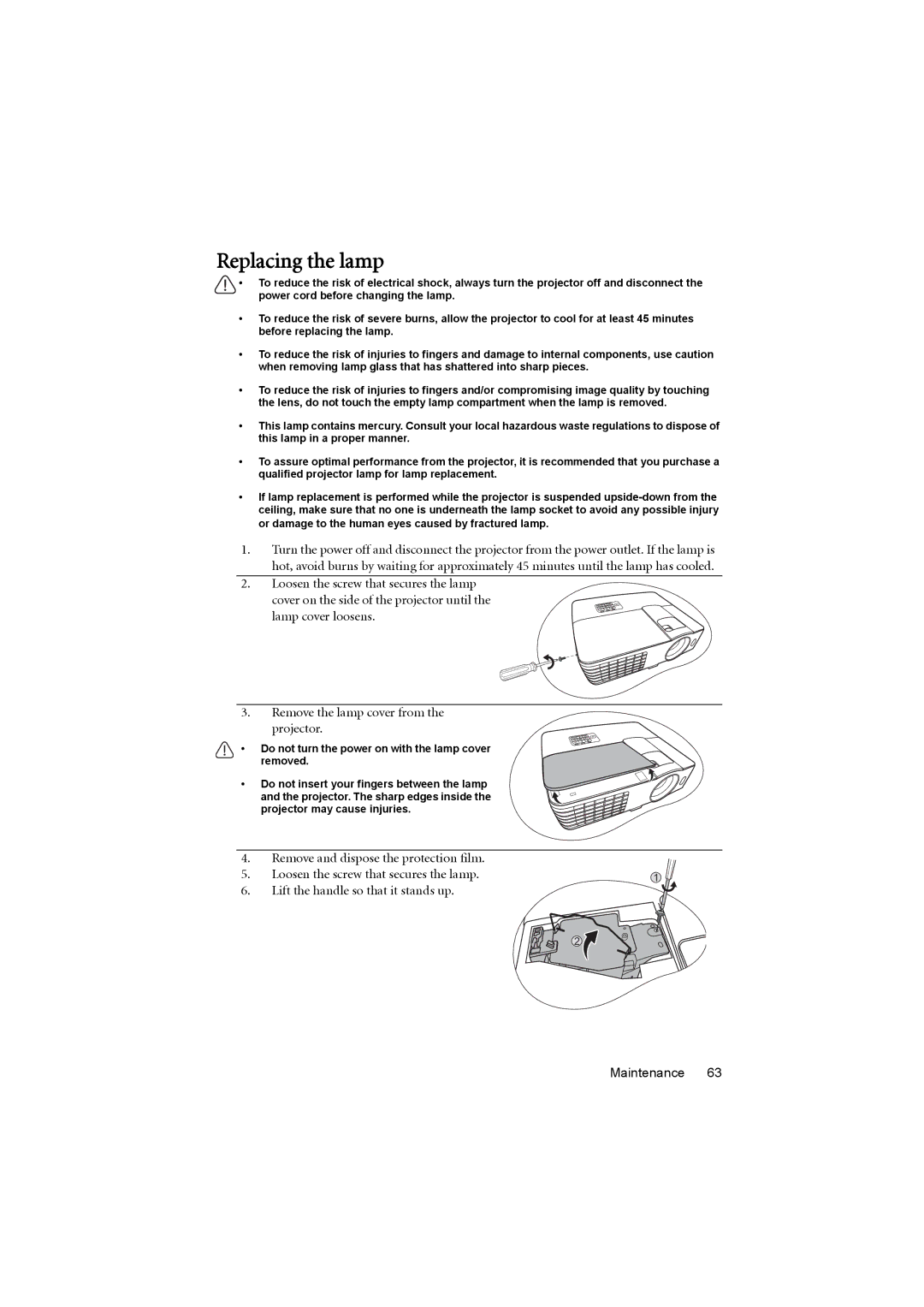 BenQ MX710, MX711 user manual Replacing the lamp, Lamp cover loosens Remove the lamp cover from the projector 