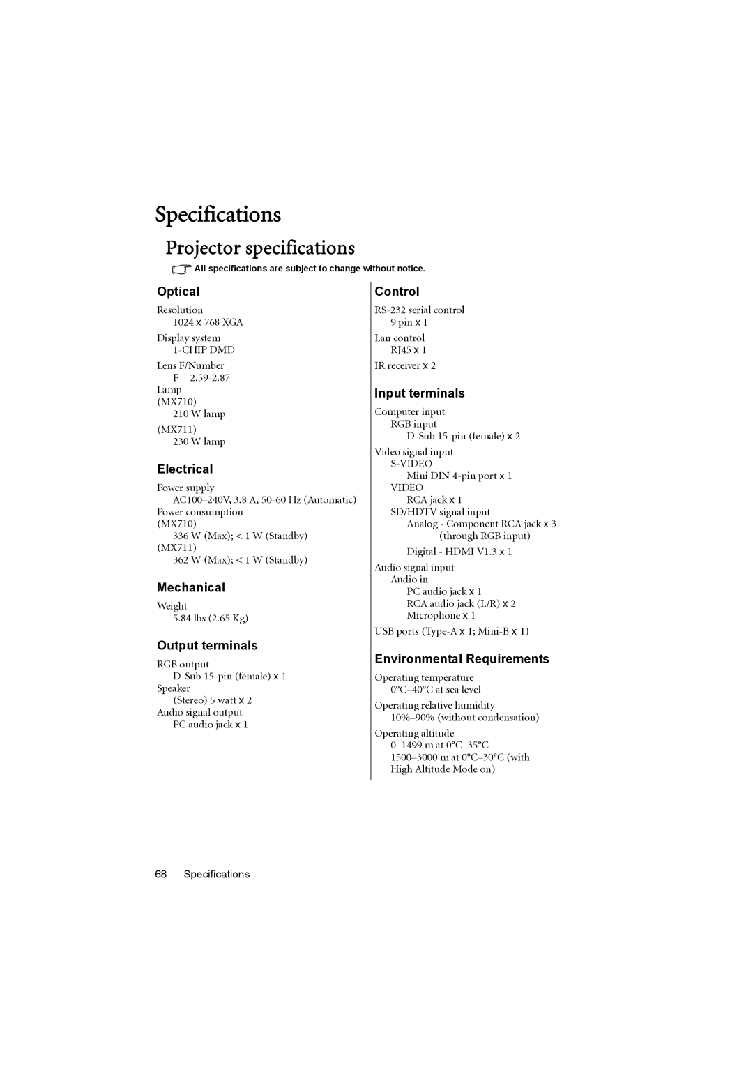 BenQ MX711, MX710 user manual Specifications, Projector specifications 