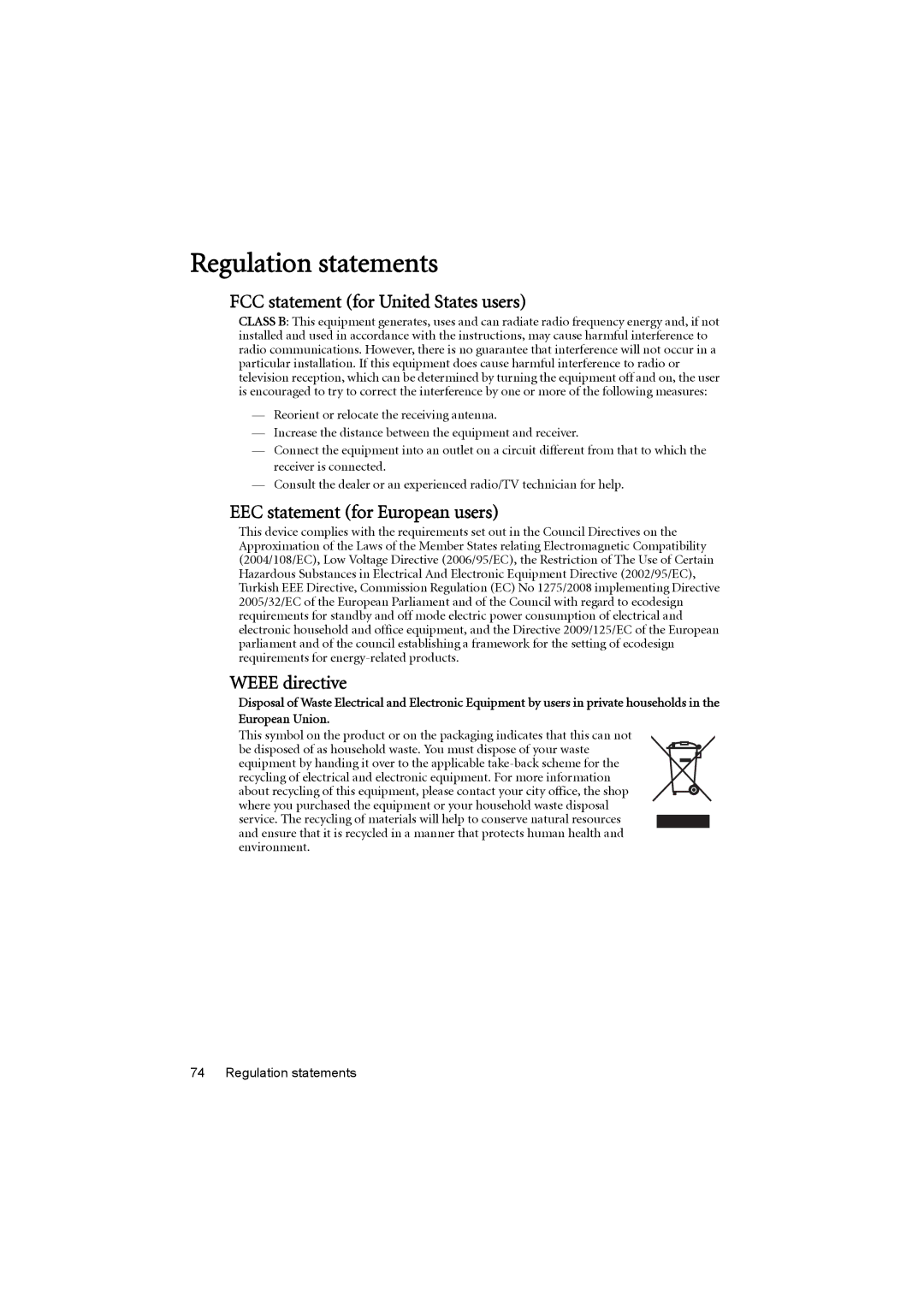 BenQ MX711 Regulation statements, FCC statement for United States users, EEC statement for European users, Weee directive 