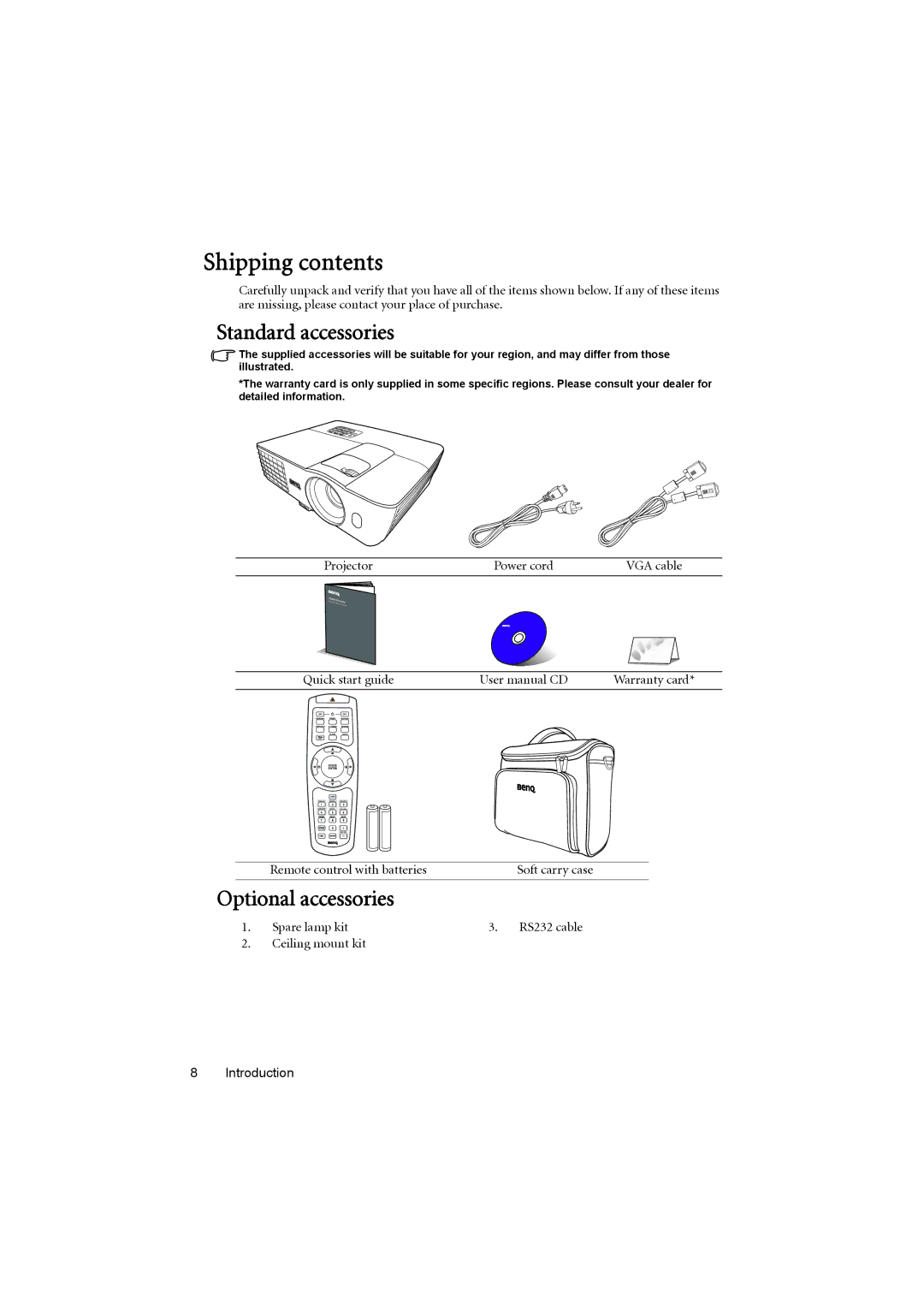 BenQ MX711, MX710 user manual Shipping contents 