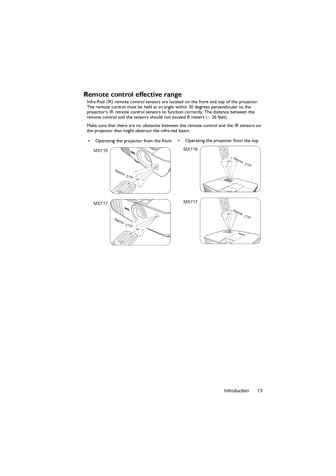 BenQ MX717, MX716 user manual Remote control effective range 