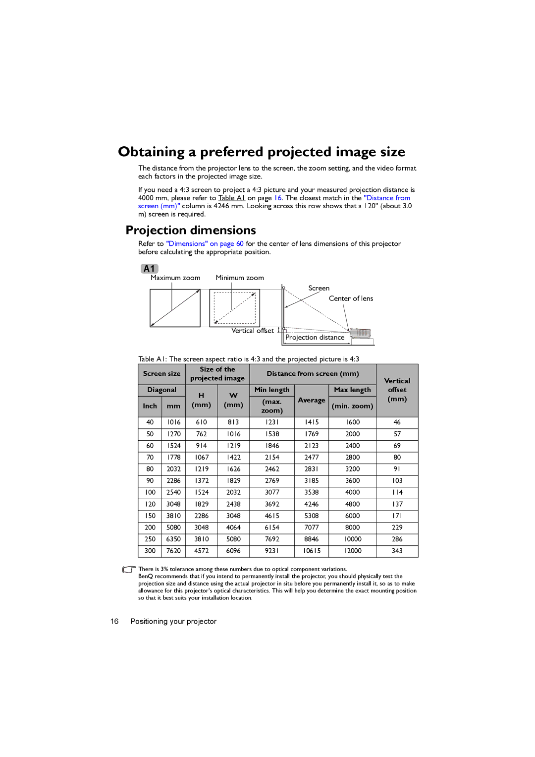 BenQ MX716, MX717 user manual Obtaining a preferred projected image size, Projection dimensions 