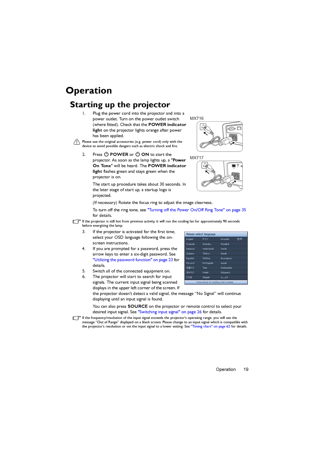 BenQ MX717, MX716 user manual Operation, Starting up the projector 