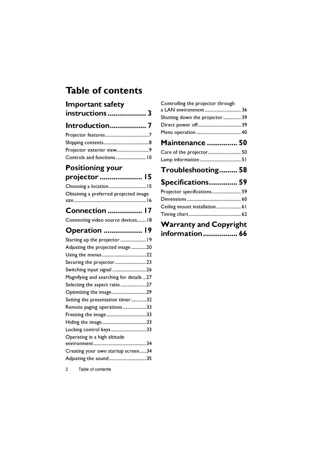 BenQ MX716, MX717 user manual Table of contents 