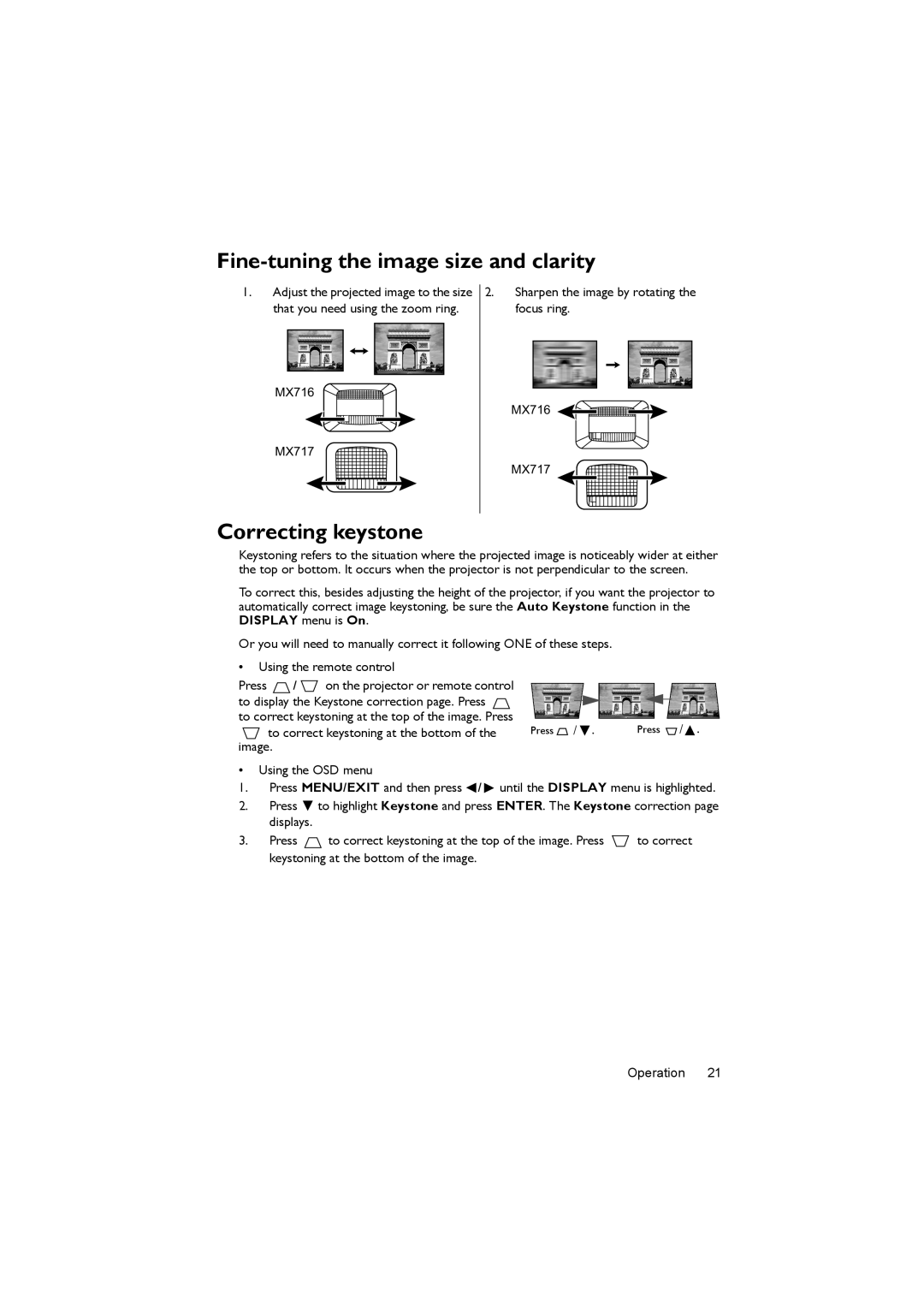 BenQ MX717, MX716 user manual Fine-tuning the image size and clarity, Correcting keystone 