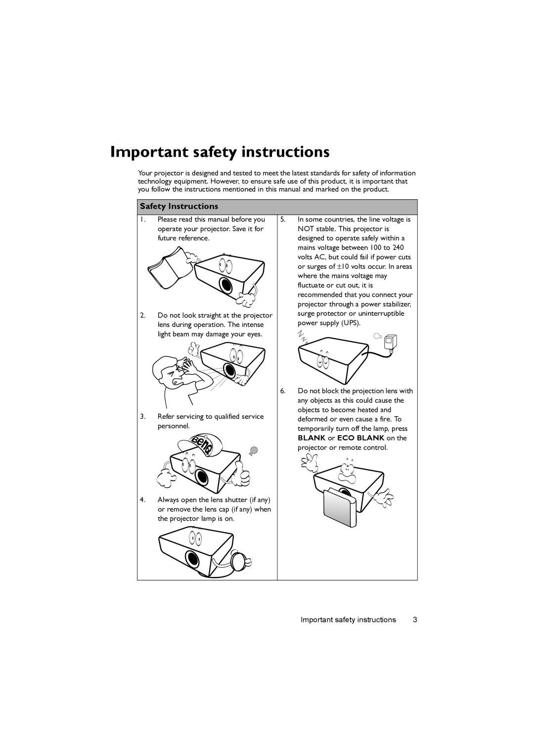 BenQ MX717, MX716 user manual Important safety instructions, Safety Instructions 