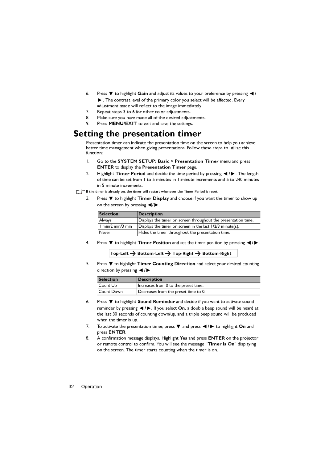 BenQ MX716, MX717 Setting the presentation timer, Selection Description, Top-Left Bottom-Left Top-Right Bottom-Right 