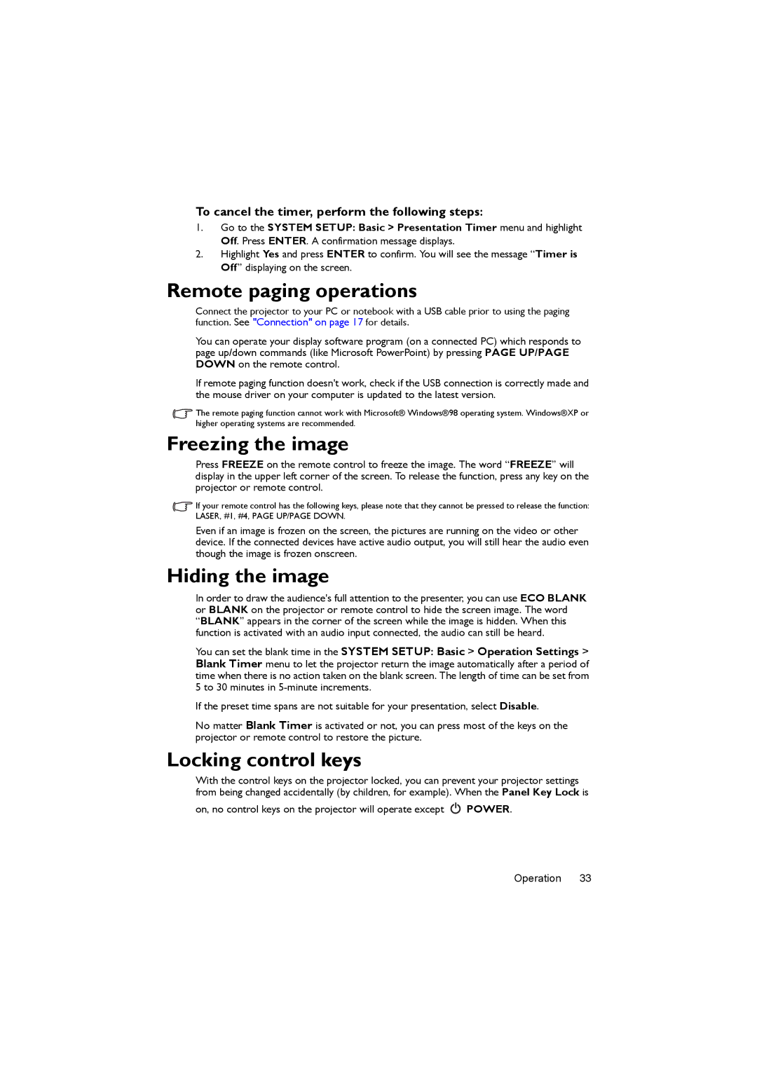 BenQ MX717, MX716 user manual Remote paging operations, Freezing the image, Hiding the image, Locking control keys 