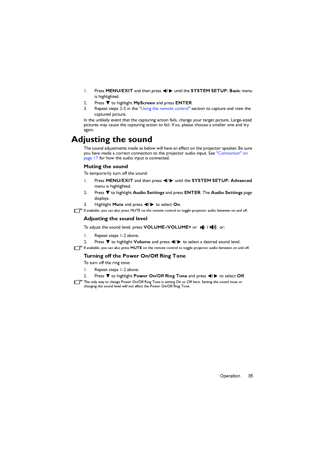 BenQ MX717, MX716 user manual Muting the sound, Adjusting the sound level, Turning off the Power On/Off Ring Tone 