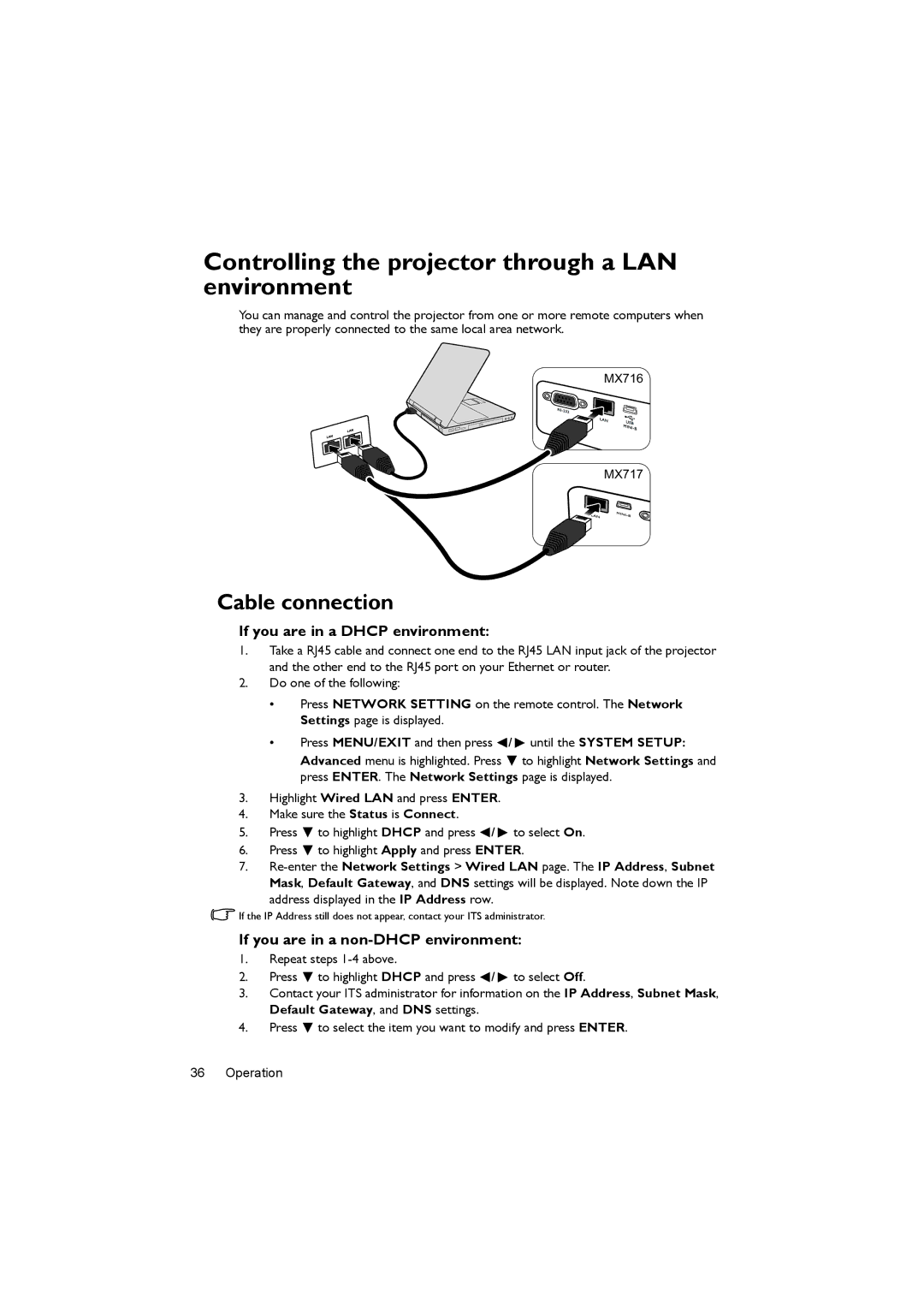 BenQ MX716, MX717 Controlling the projector through a LAN environment, Cable connection, If you are in a Dhcp environment 