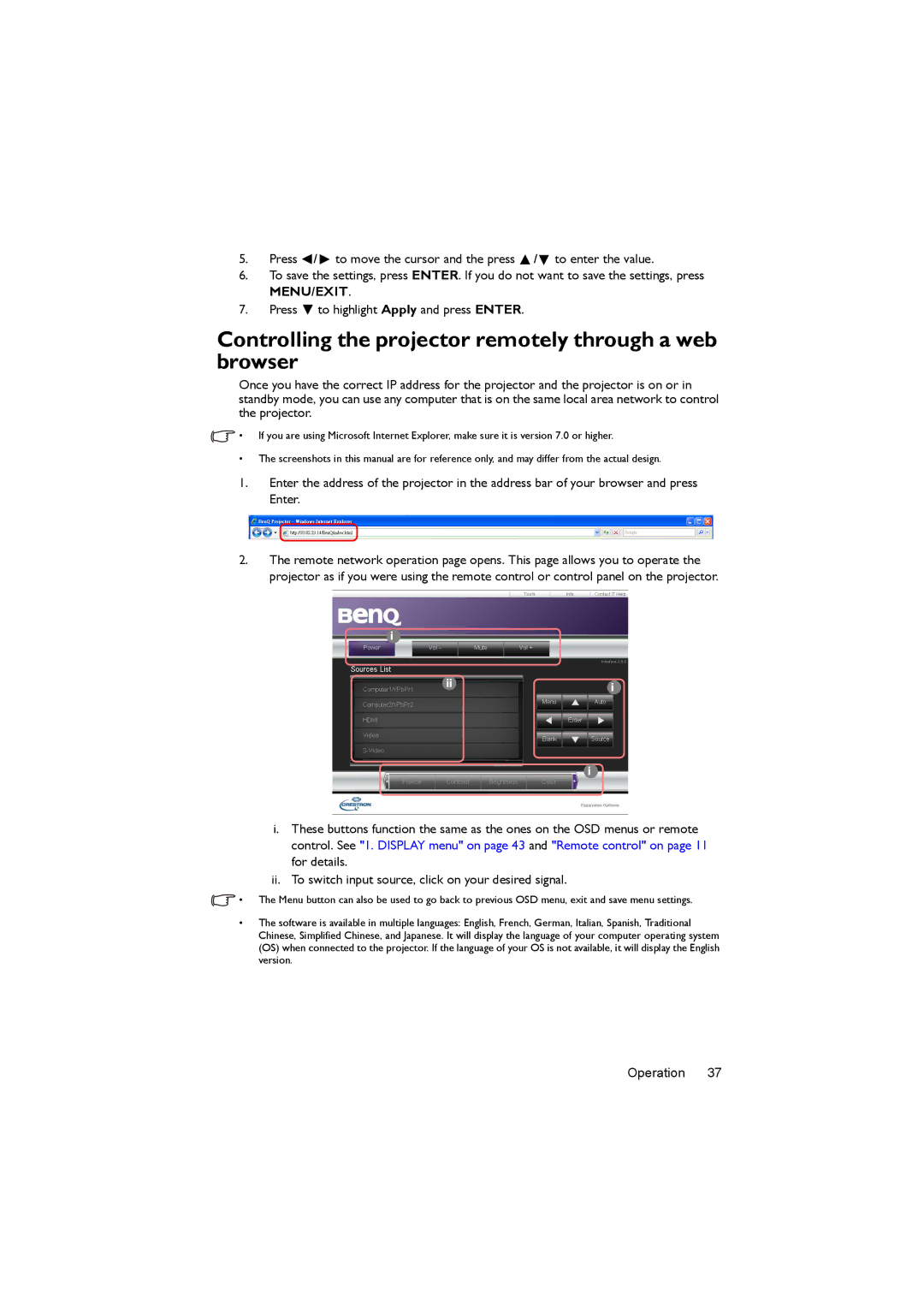 BenQ MX717, MX716 user manual Controlling the projector remotely through a web browser 