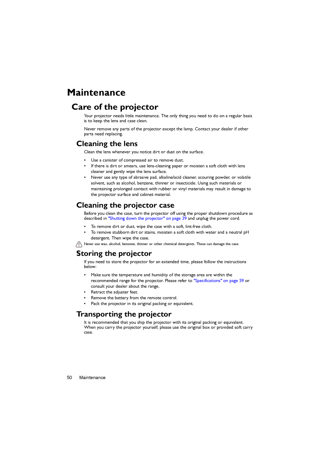 BenQ MX716, MX717 user manual Maintenance, Care of the projector 