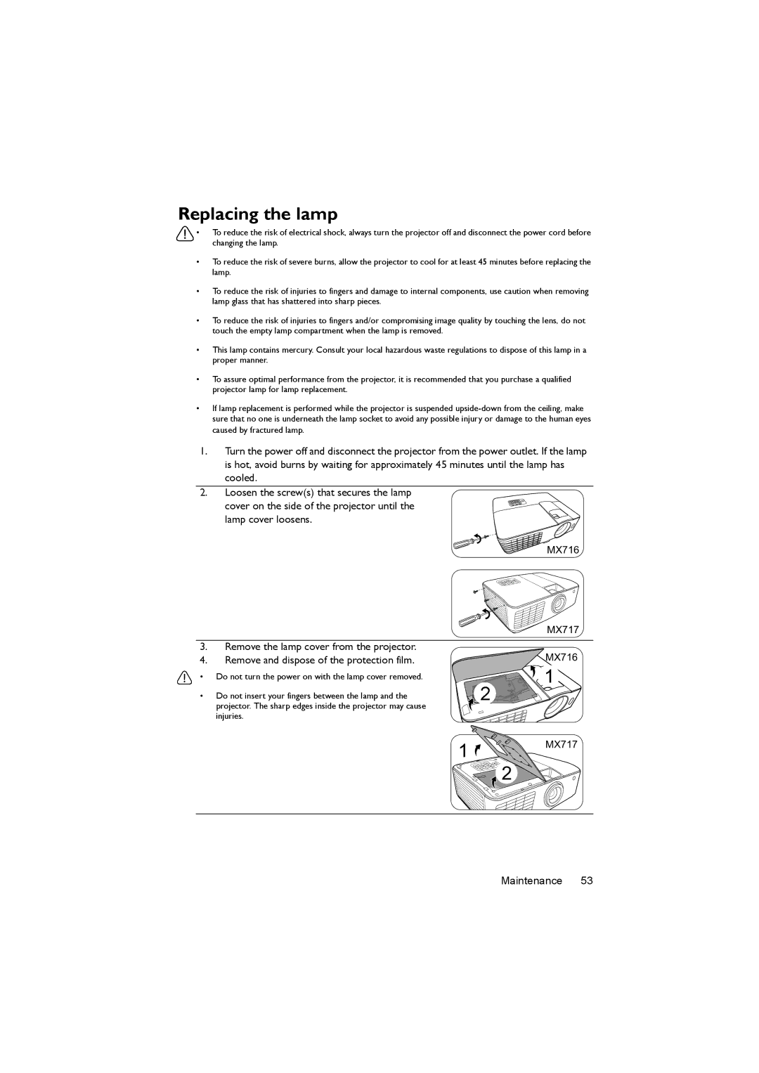 BenQ MX717 user manual Replacing the lamp, MX716 