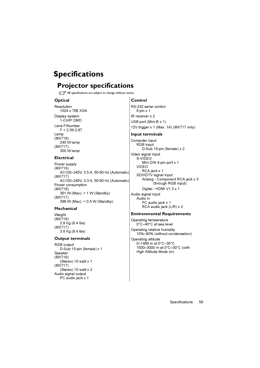 BenQ MX717, MX716 user manual Specifications, Projector specifications 