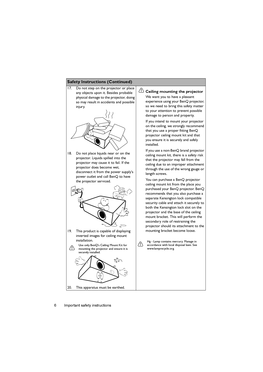 BenQ MX716, MX717 user manual Ceiling mounting the projector 