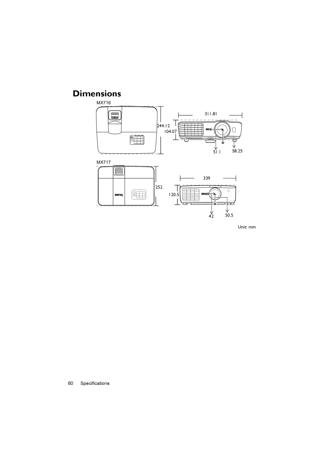 BenQ MX716, MX717 user manual Dimensions 