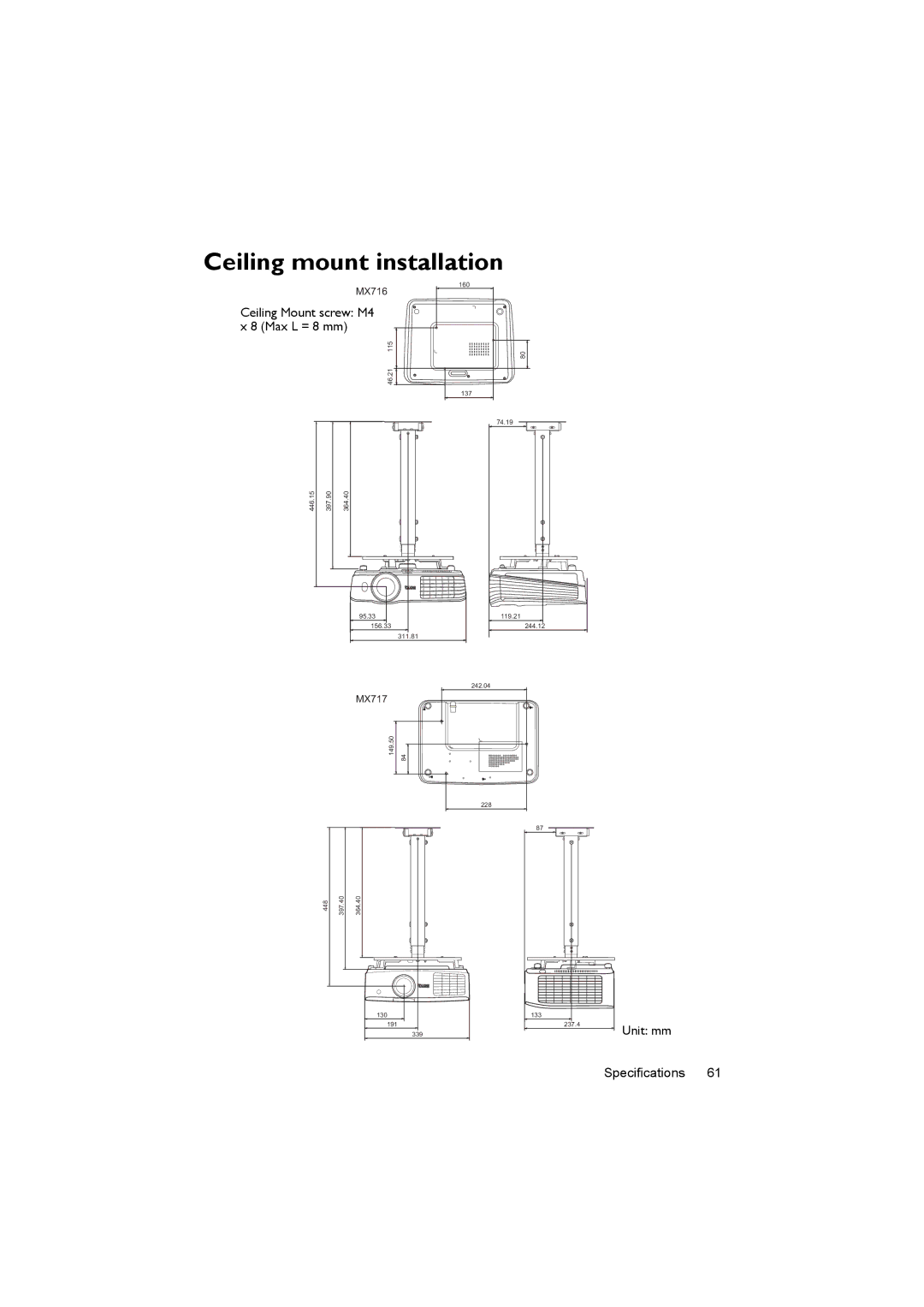 BenQ MX717, MX716 user manual Ceiling mount installation, Ceiling Mount screw M4 Max L = 8 mm 