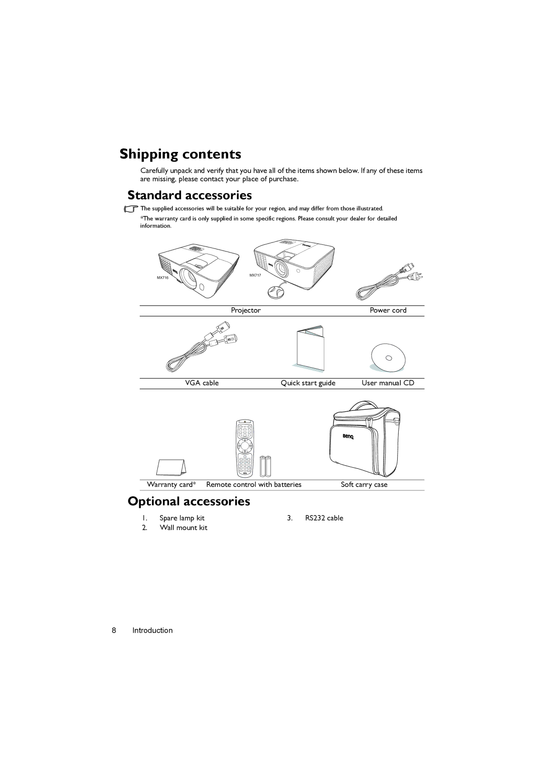 BenQ MX716, MX717 user manual Shipping contents 