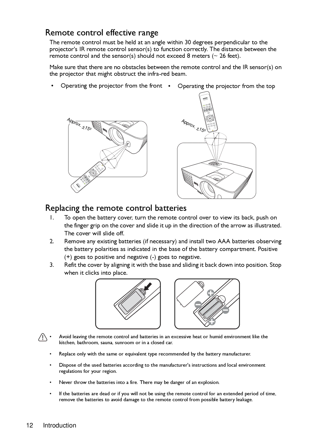 BenQ MX720, MW721 manual Remote control effective range, Replacing the remote control batteries 