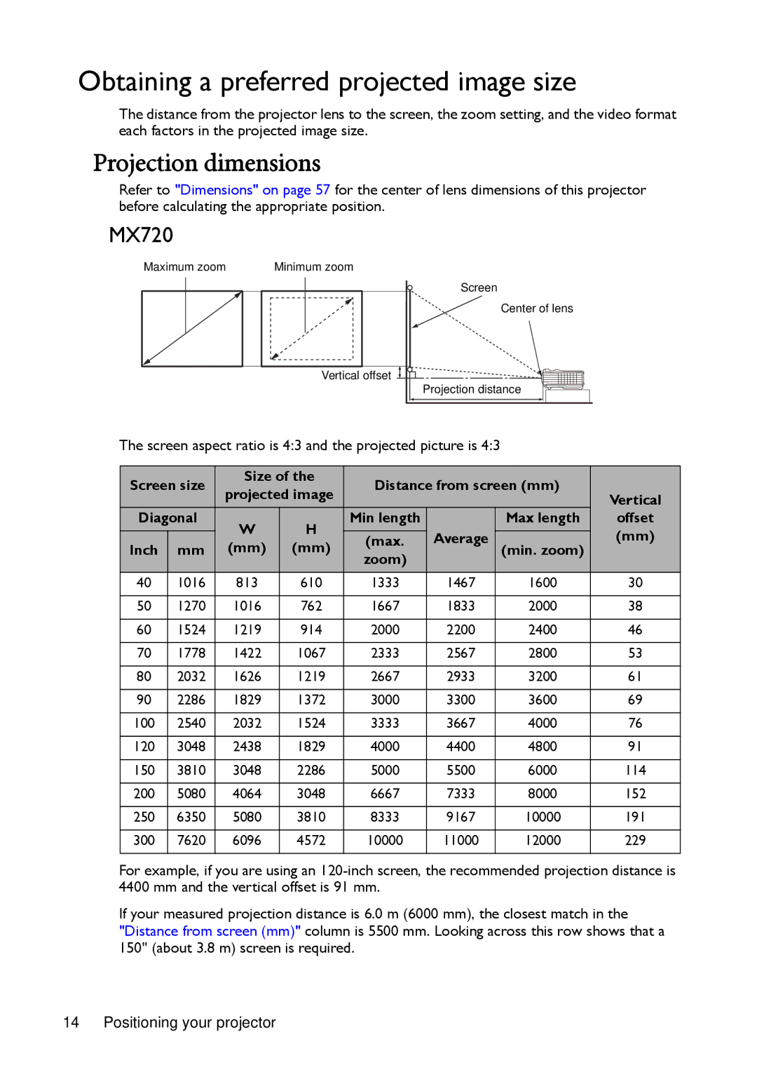 BenQ MX720, MW721 manual Obtaining a preferred projected image size 