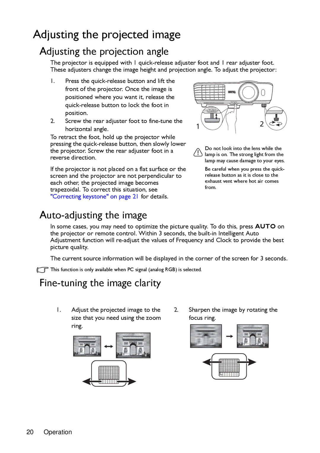 BenQ MX720, MW721 manual Adjusting the projected image, Adjusting the projection angle, Auto-adjusting the image 