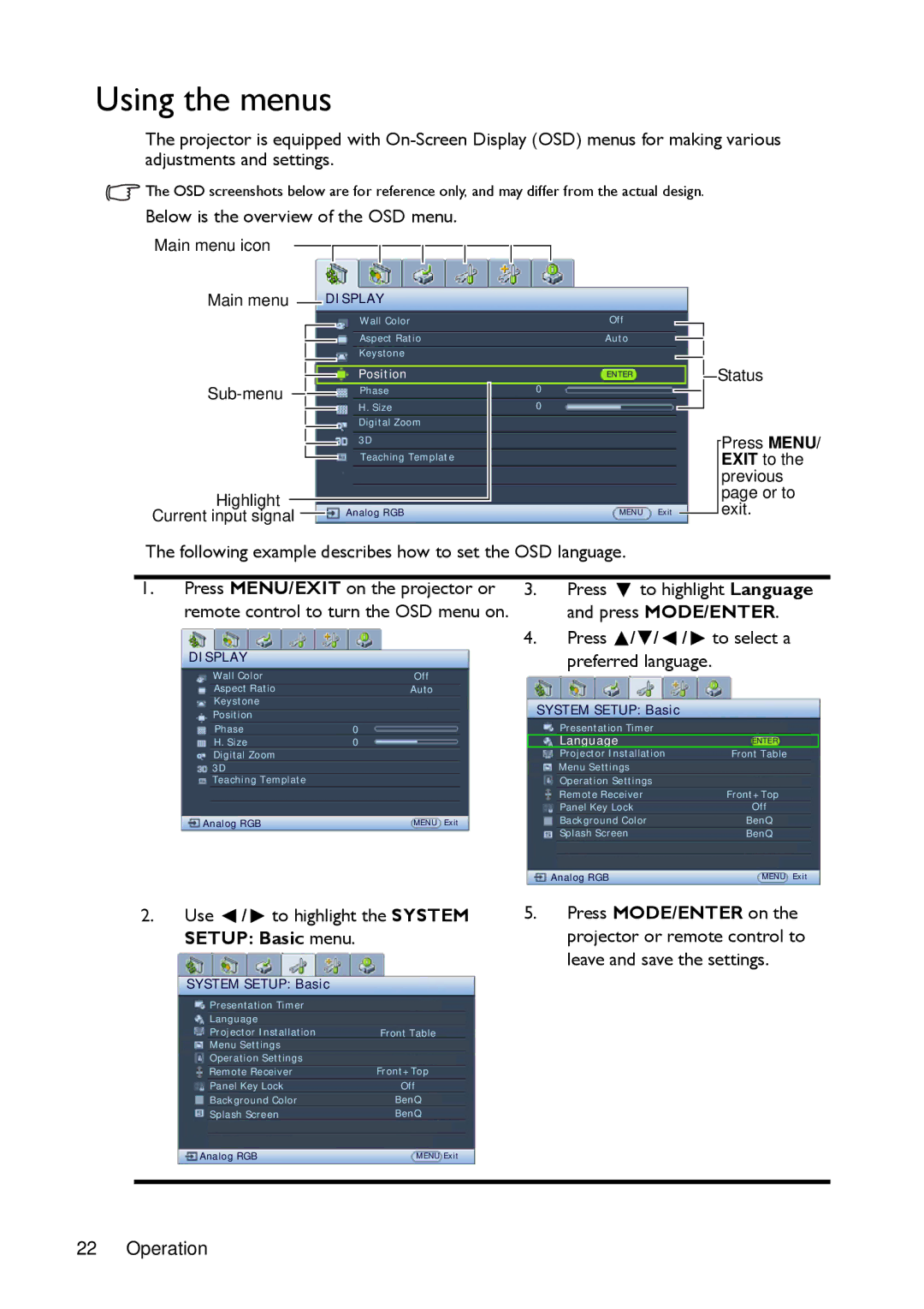 BenQ MX720, MW721 manual Using the menus, Below is the overview of the OSD menu 