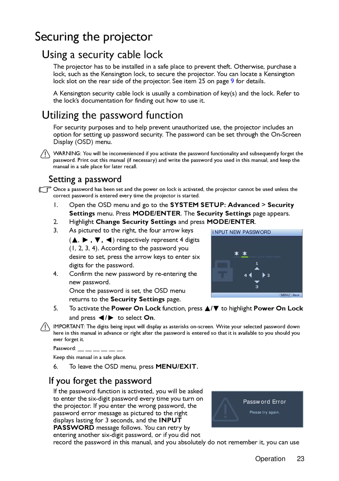 BenQ MW721, MX720 Securing the projector, Using a security cable lock, Utilizing the password function, Setting a password 