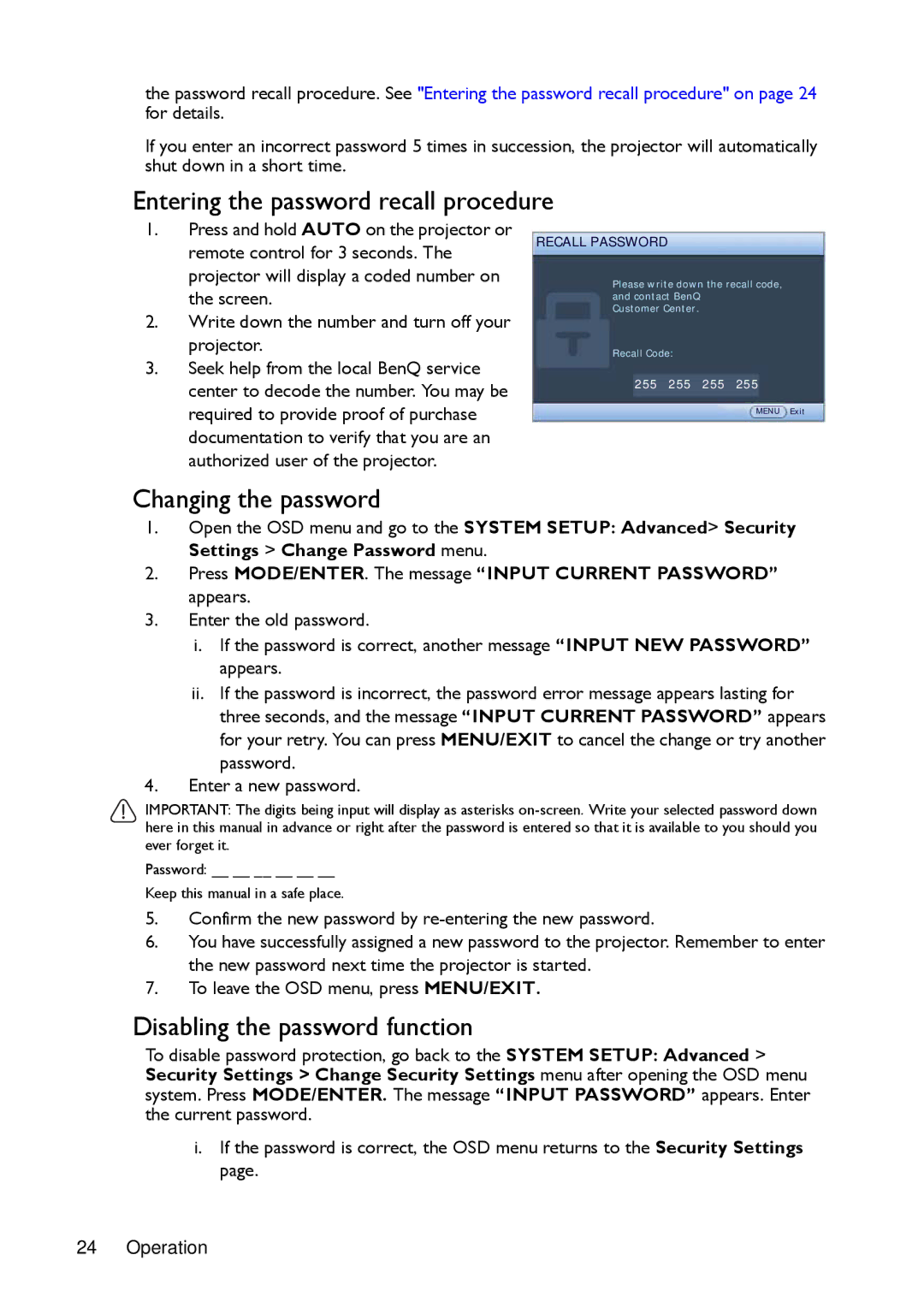 BenQ MX720, MW721 manual Entering the password recall procedure, Changing the password, Disabling the password function 