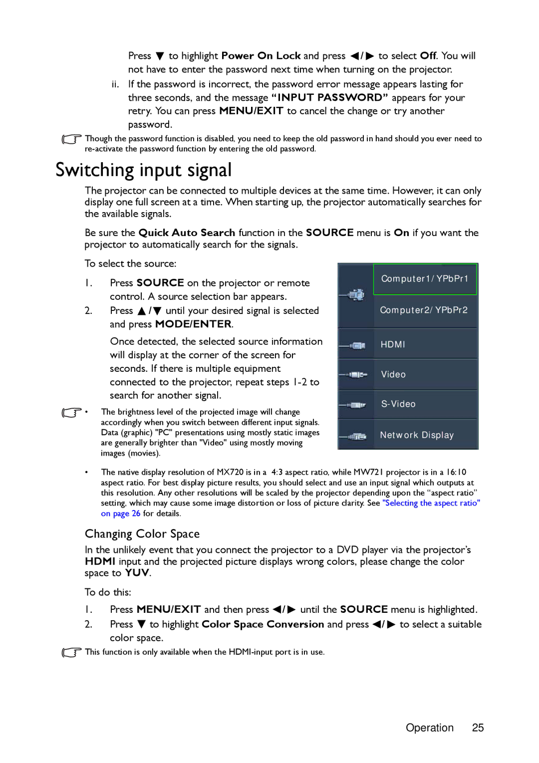 BenQ MW721, MX720 manual Switching input signal, Changing Color Space 