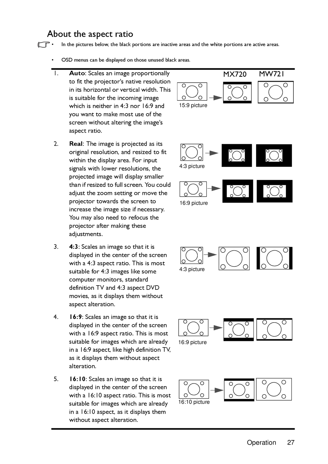 BenQ manual About the aspect ratio, MX720 MW721 