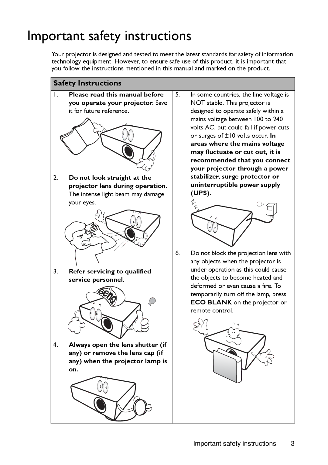 BenQ MW721, MX720 manual Important safety instructions, Safety Instructions 