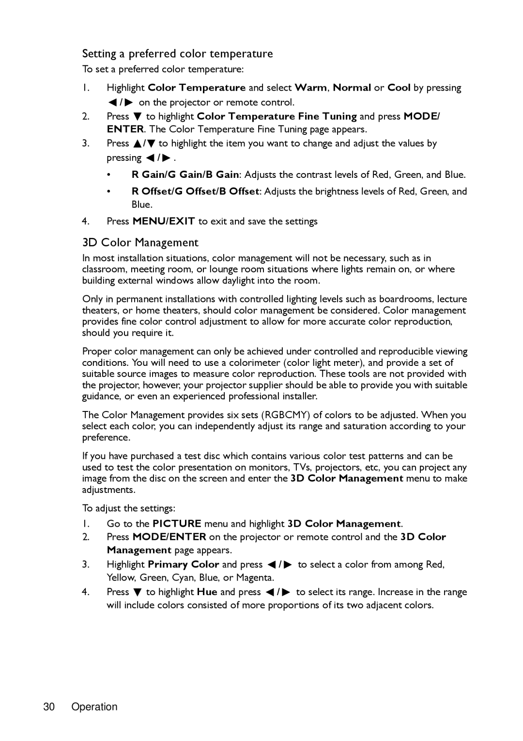 BenQ MX720, MW721 manual Setting a preferred color temperature, 3D Color Management 