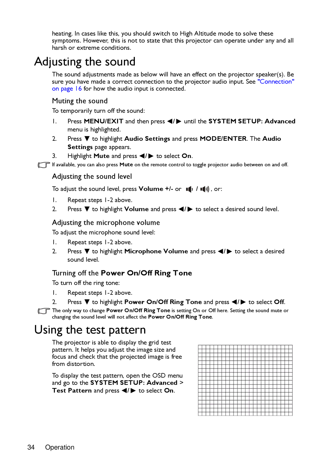 BenQ MX720, MW721 manual Adjusting the sound, Using the test pattern, Turning off the Power On/Off Ring Tone 