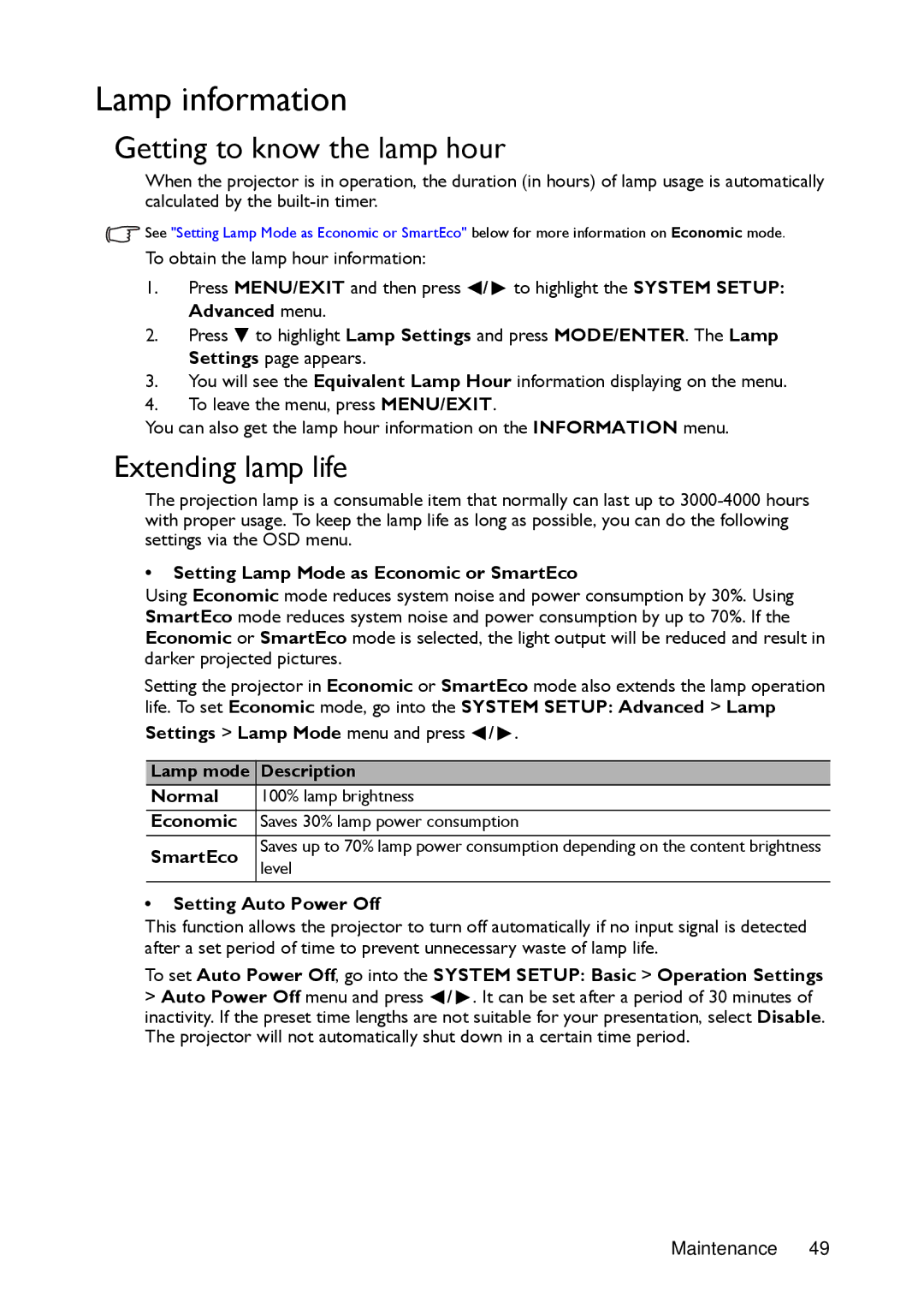 BenQ MW721, MX720 manual Lamp information, Getting to know the lamp hour, Extending lamp life 