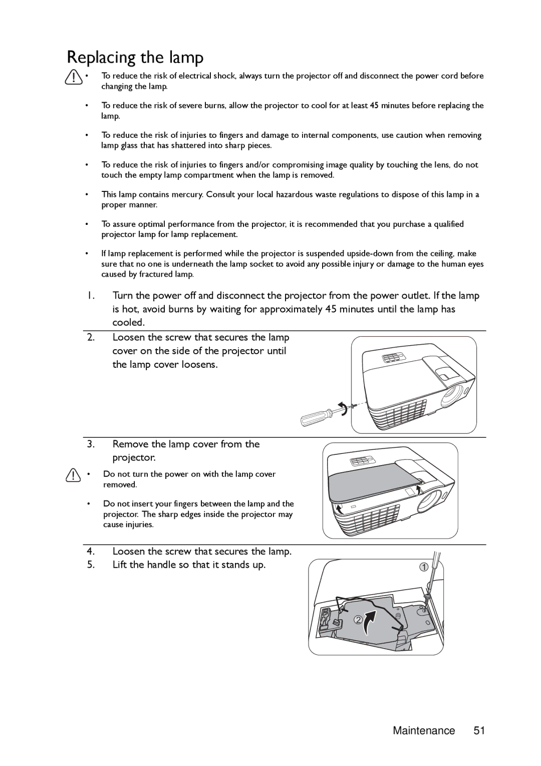 BenQ MW721, MX720 manual Replacing the lamp 