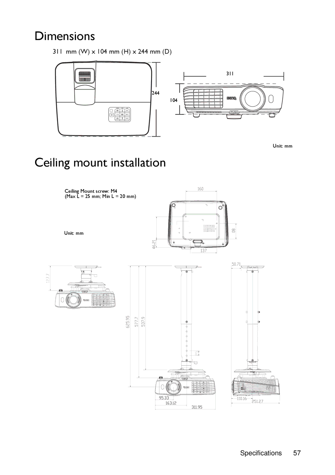 BenQ MW721, MX720 manual Dimensions, Ceiling mount installation 