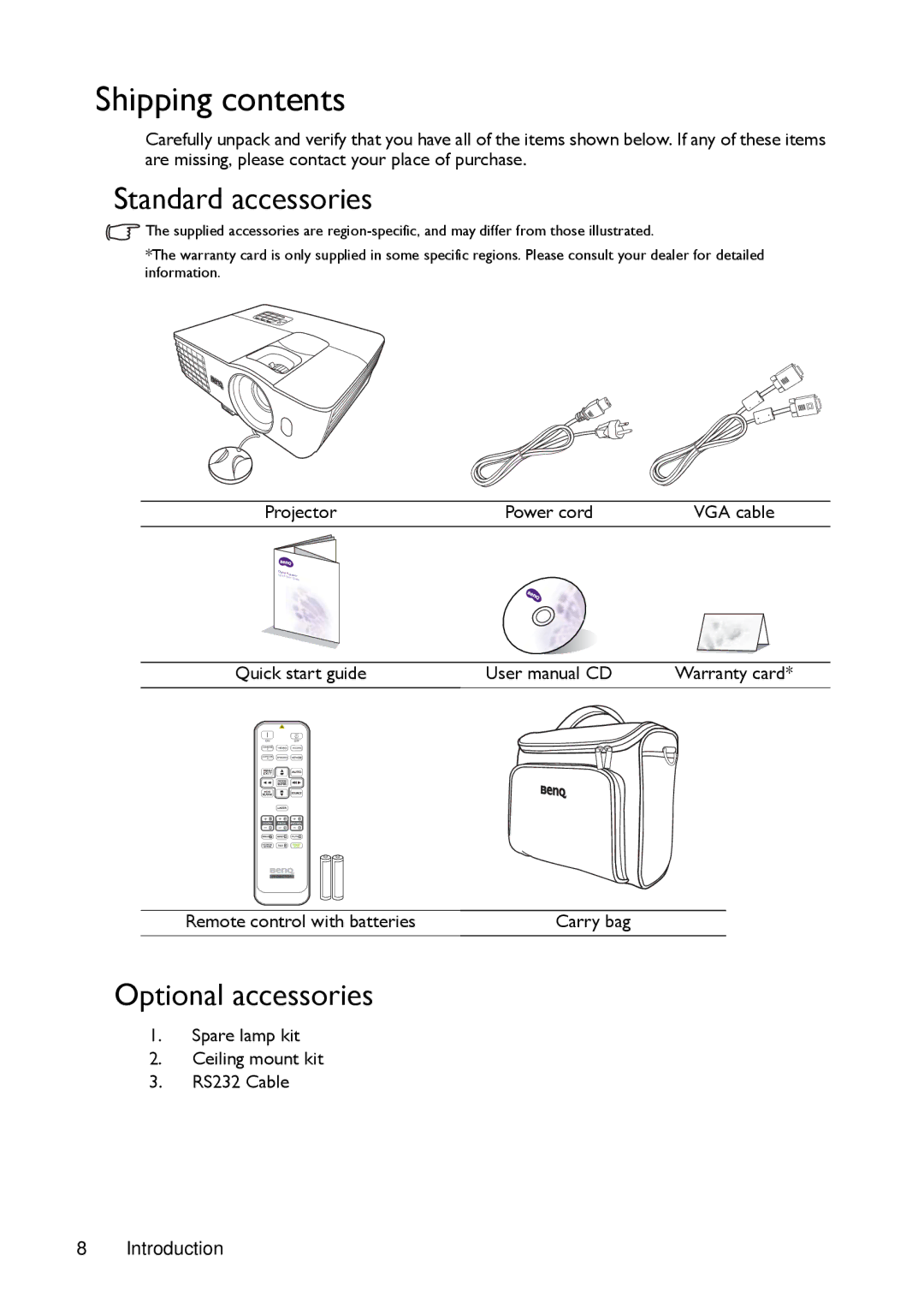 BenQ MX720, MW721 manual Shipping contents 