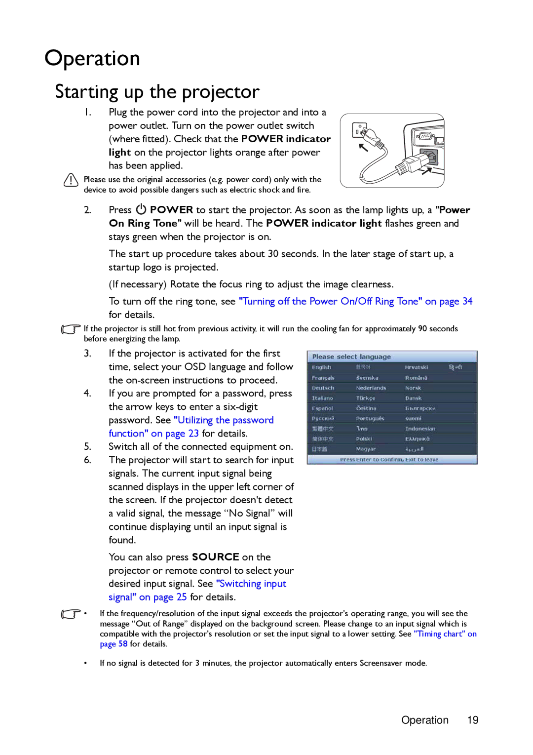 BenQ MX720 user manual Operation, Starting up the projector 